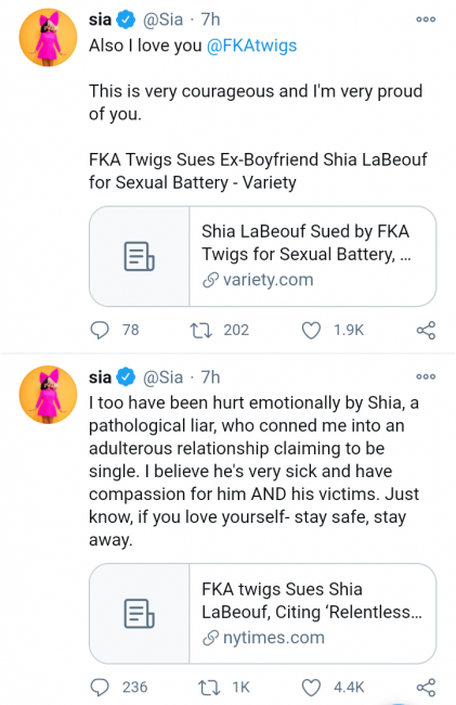 Sia Believes Shia LaBeouf Is Very 'Sick' After FKA Twig Sues Him For Sexual Battery