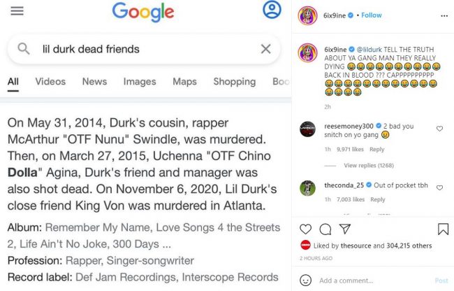 6ix9ine Attacks Lil Durk Over Deceased Friends & Relatives