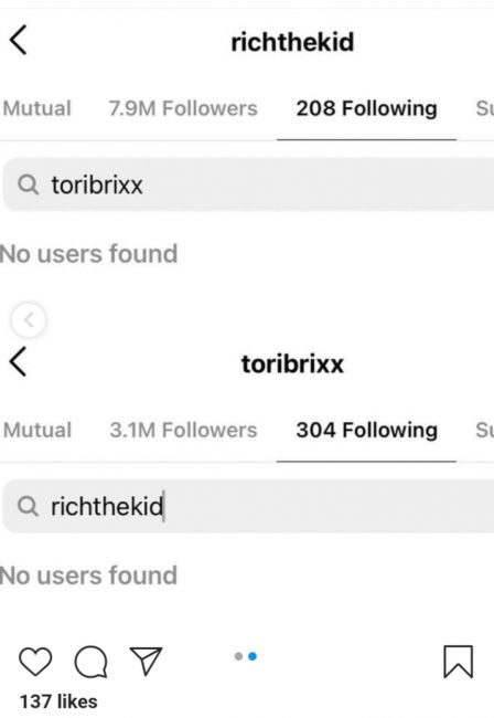 Rich The Kid & Tori Brixx Unfollow Each Other On Instagram