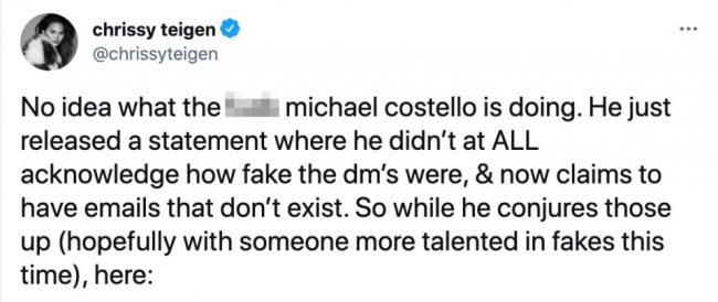 Chrissy Teigen Calls Designer Michael Costello A Liar & Is Disappointed In His Attacks