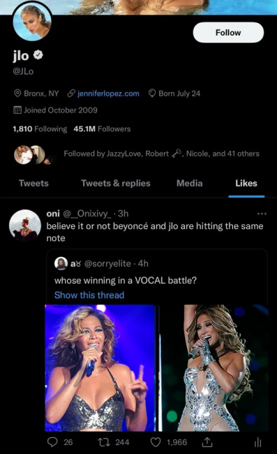Jennifer Lopez Likes Tweet Comparing Her To Beyonce