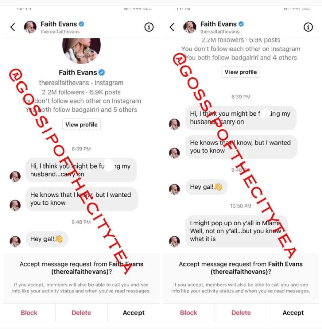 Woman Leaks Faith Evans DMs Accusing Her Of Sleeping With Her Husband