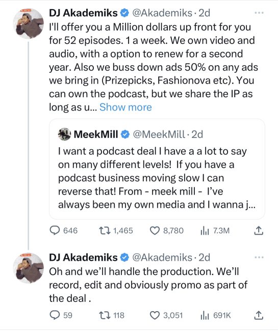 Meek Mill Trolls DJ Akademiks Over $1 Million Podcast Offer, Ak Claps Back
