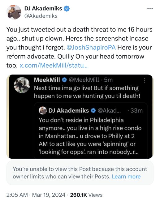 Meek Mill Finally Blocks DJ Akademiks On X/Twitter After Their Tweet Tirade
