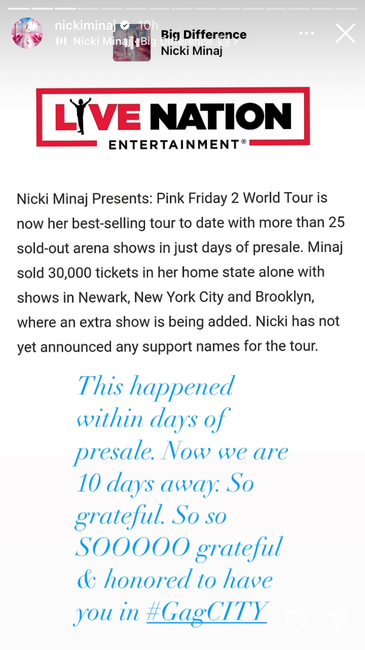 Nicki Minaj Celebrates Her 18th Sold Out Consecutive Shows Of Her Current Pink Friday 2 World Tour